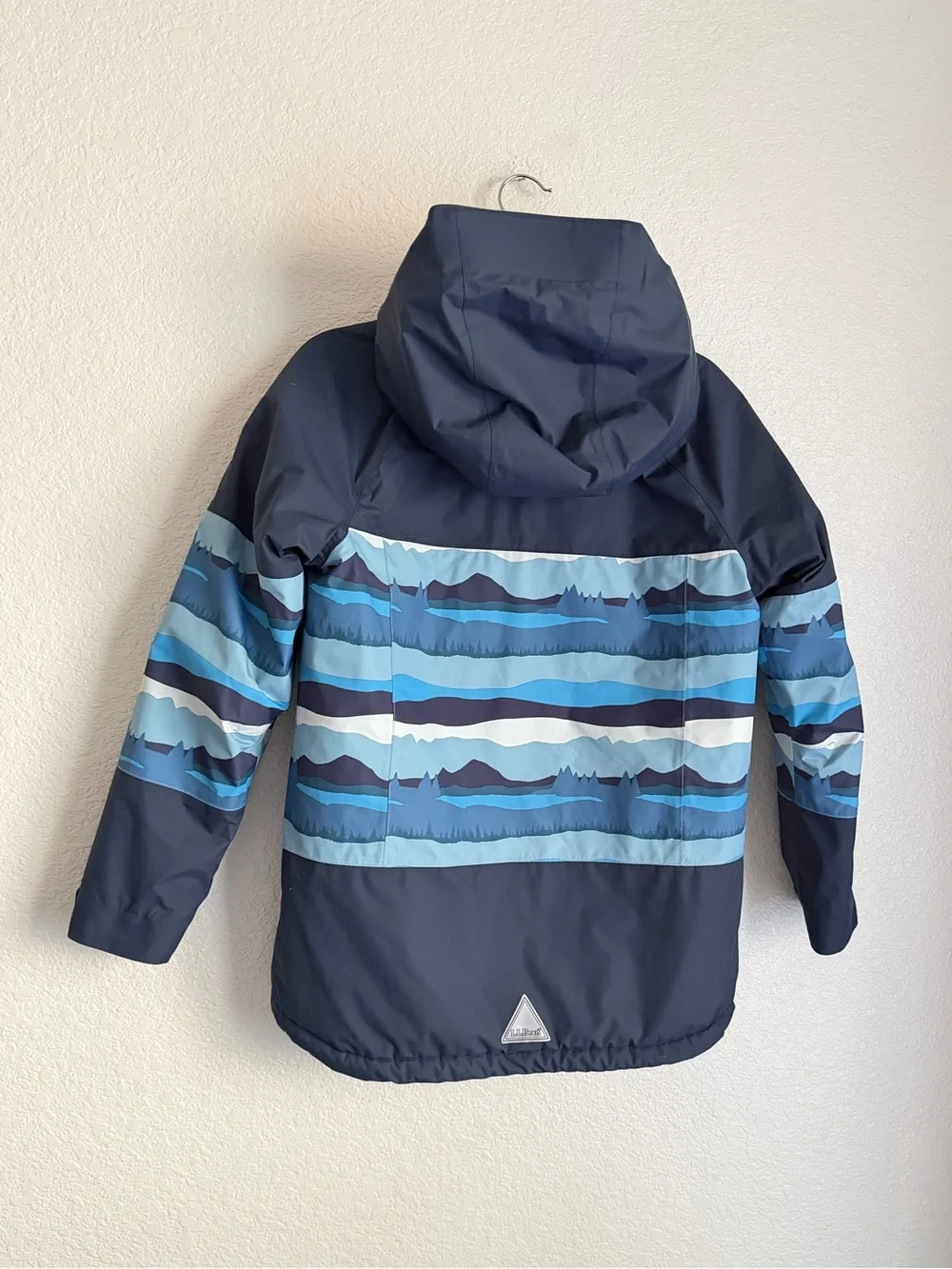 L.L.Bean Kids Waterproof Ski Jacket Blue Mountain Print Hooded Insulated L 14-16